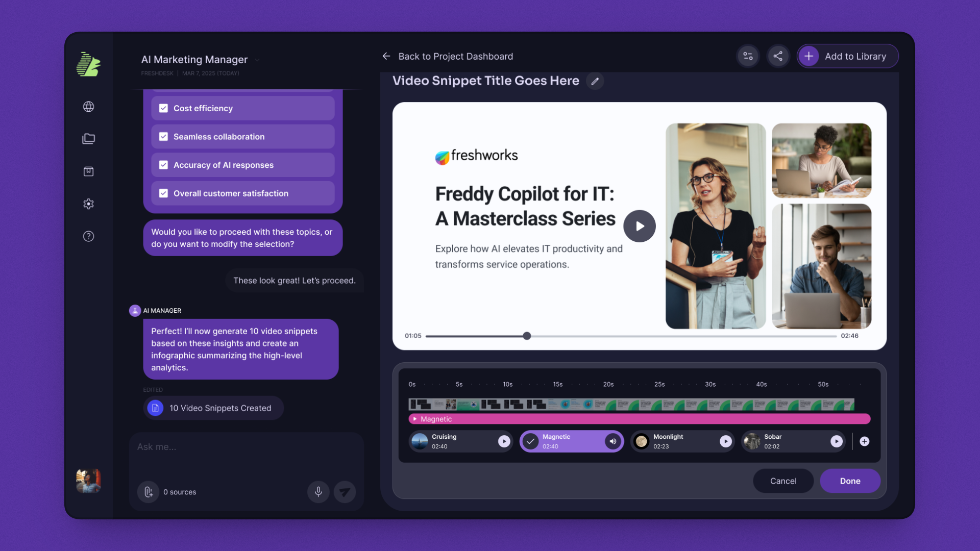 Video snippets add soundtrack flow